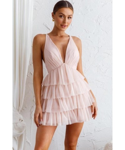 Women's Sleeveless Crisscross Backless Deep V Neck Adjustable Spaghetti Strap Tiered Frill Tulle Mini Dress Chocolate $35.55 ...