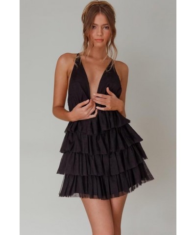 Women's Sleeveless Crisscross Backless Deep V Neck Adjustable Spaghetti Strap Tiered Frill Tulle Mini Dress Chocolate $35.55 ...