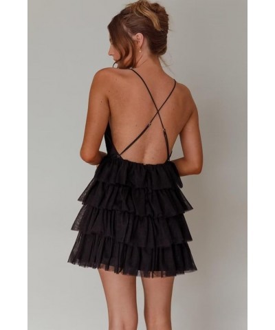 Women's Sleeveless Crisscross Backless Deep V Neck Adjustable Spaghetti Strap Tiered Frill Tulle Mini Dress Chocolate $35.55 ...