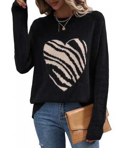 Women's Heart Pattern Knit Top Long Sleeve Crew Neck Pullover Sweater Knitwear Black $22.41 Sweaters