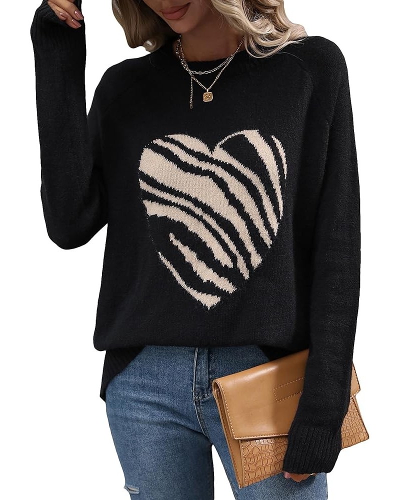 Women's Heart Pattern Knit Top Long Sleeve Crew Neck Pullover Sweater Knitwear Black $22.41 Sweaters