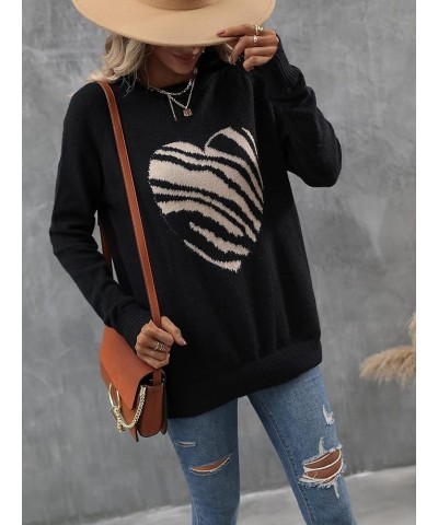 Women's Heart Pattern Knit Top Long Sleeve Crew Neck Pullover Sweater Knitwear Black $22.41 Sweaters