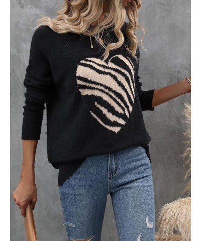 Women's Heart Pattern Knit Top Long Sleeve Crew Neck Pullover Sweater Knitwear Black $22.41 Sweaters