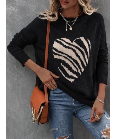 Women's Heart Pattern Knit Top Long Sleeve Crew Neck Pullover Sweater Knitwear Black $22.41 Sweaters