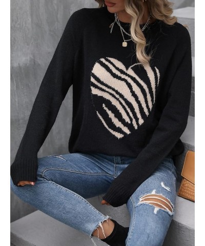 Women's Heart Pattern Knit Top Long Sleeve Crew Neck Pullover Sweater Knitwear Black $22.41 Sweaters