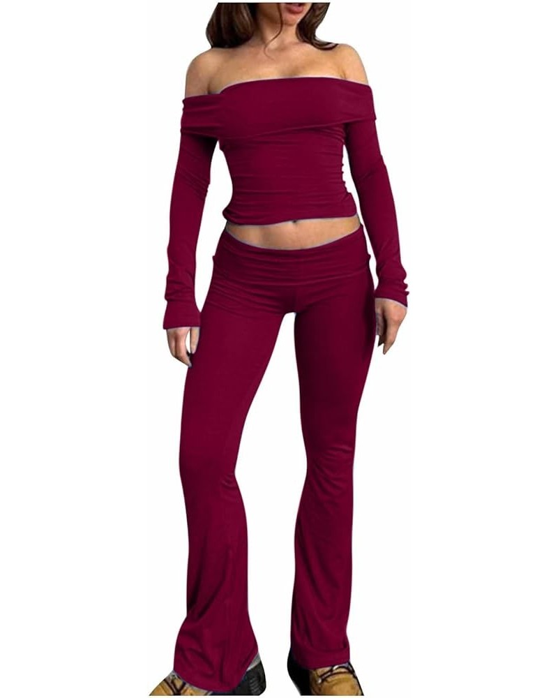 Women's Casual Sexy Slim Set off the Shoulder Long Sleeve Blouse + Stretchy Flare Pants Daily Working Two Piece Wine $12.23 S...