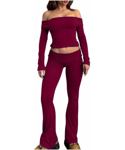 Women's Casual Sexy Slim Set off the Shoulder Long Sleeve Blouse + Stretchy Flare Pants Daily Working Two Piece Wine $12.23 S...