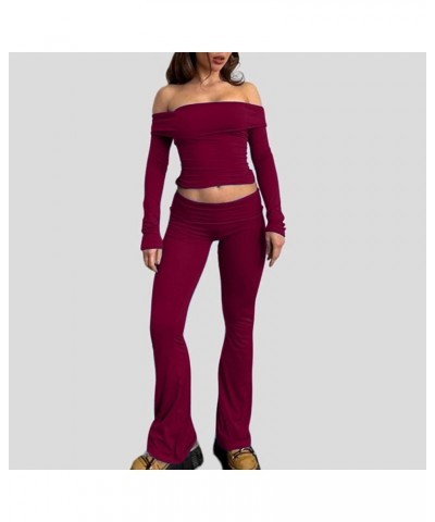 Women's Casual Sexy Slim Set off the Shoulder Long Sleeve Blouse + Stretchy Flare Pants Daily Working Two Piece Wine $12.23 S...