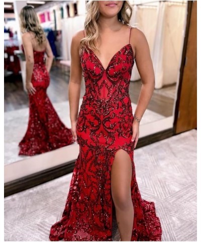 Sparkly Sequin Mermaid Prom Dress with Slit for Women Spaghetti Straps Evening Formal Gown 2024 A Plum $45.89 Dresses