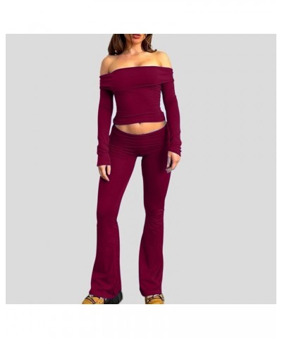 Women's Casual Sexy Slim Set off the Shoulder Long Sleeve Blouse + Stretchy Flare Pants Daily Working Two Piece Wine $12.23 S...