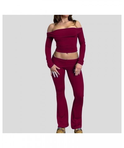 Women's Casual Sexy Slim Set off the Shoulder Long Sleeve Blouse + Stretchy Flare Pants Daily Working Two Piece Wine $12.23 S...