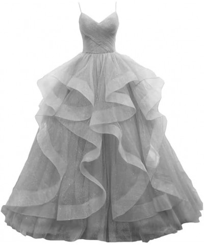 Prom-Dresses-Long-Ball-Gown Tulle Glitter Spaghetti Straps Tiered Puffy Evening Gowns Grey $37.96 Dresses