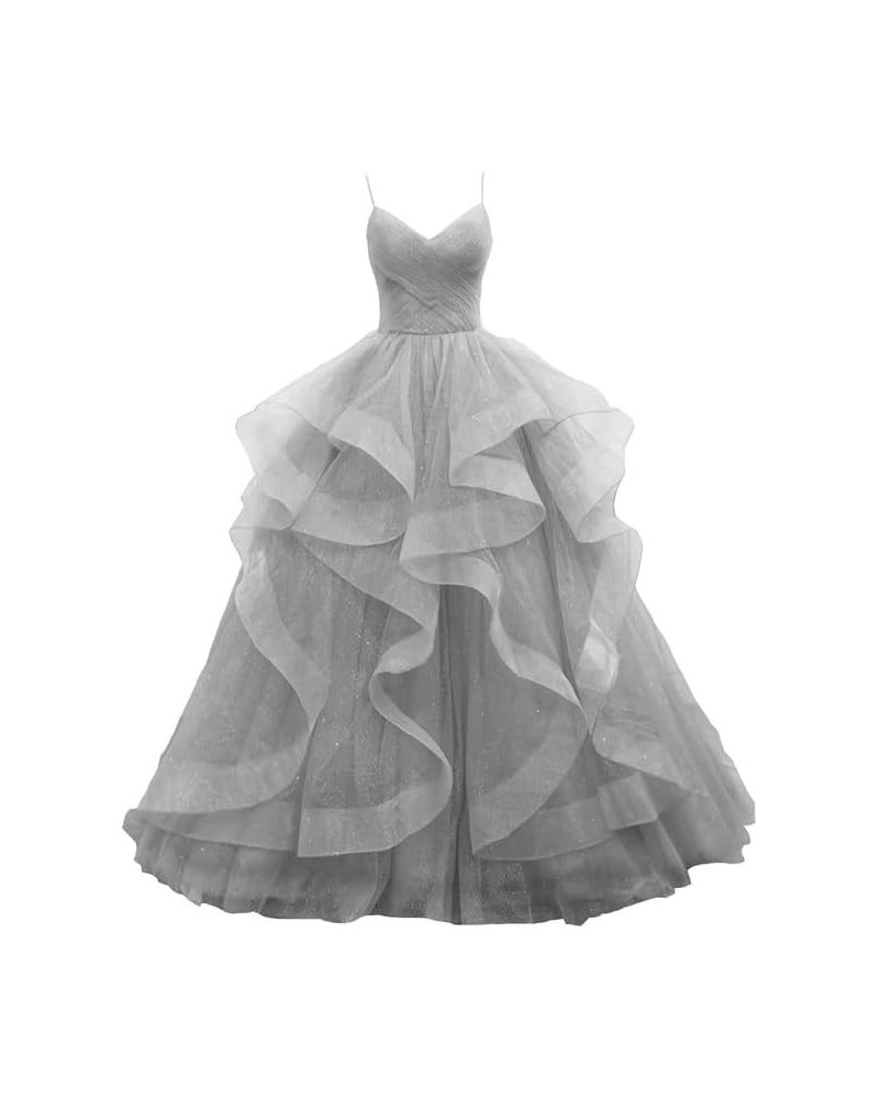 Prom-Dresses-Long-Ball-Gown Tulle Glitter Spaghetti Straps Tiered Puffy Evening Gowns Grey $37.96 Dresses