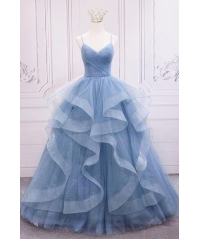 Prom-Dresses-Long-Ball-Gown Tulle Glitter Spaghetti Straps Tiered Puffy Evening Gowns Grey $37.96 Dresses