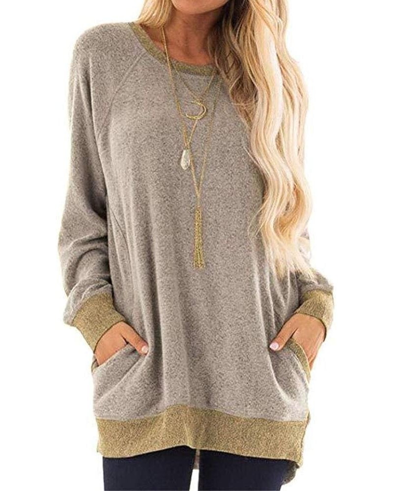 Women's Long Sleeve Round Neck Casual T Shirts Blouses Sweatshirts Tunic Tops with Pocket Tan $12.23 Tops