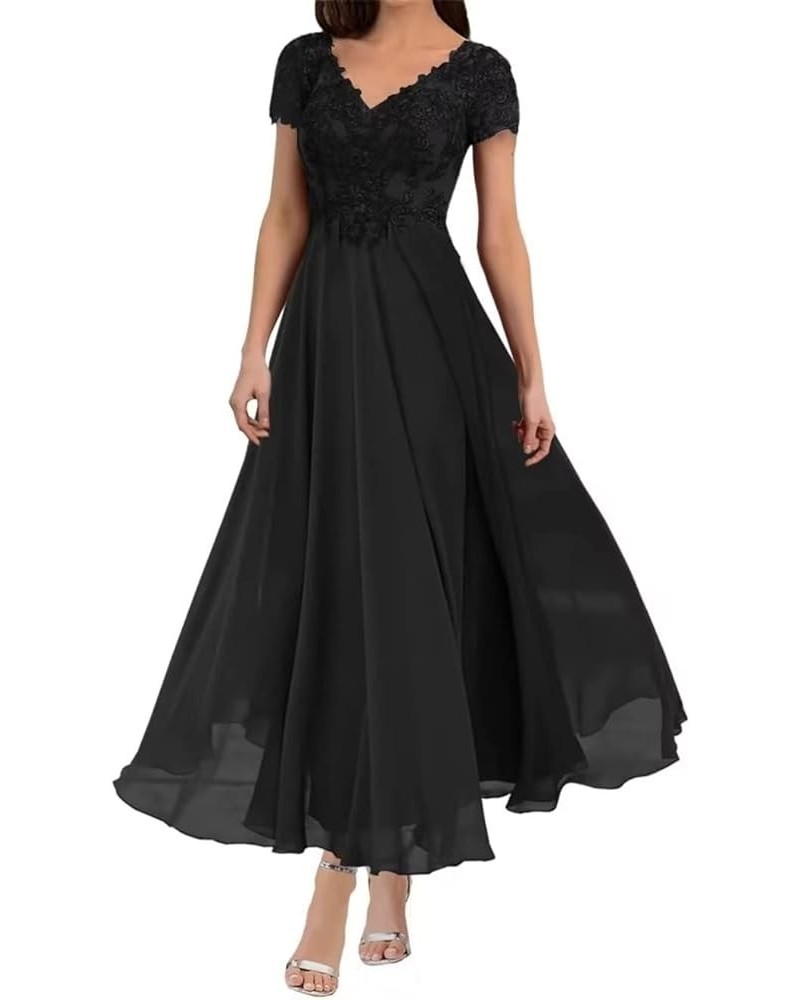 Tea Length Mother of The Bride Dresses for Wedding with Sleeves Lace Appliques V Neck Formal Evening Party Gowns Black $36.39...