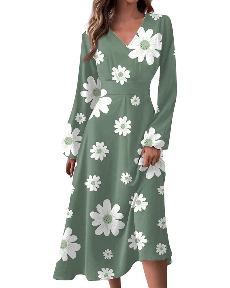 Women's 2024 Fall Midi Dress Casual Long Sleeve V Neck Floral Printed A Line High Waist Dresses for Women 02-mint Green $10.6...