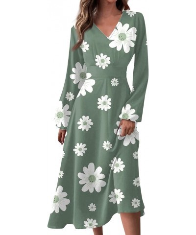 Women's 2024 Fall Midi Dress Casual Long Sleeve V Neck Floral Printed A Line High Waist Dresses for Women 02-mint Green $10.6...