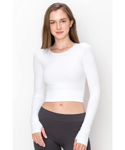 Women’s Crop T Shirt – Long Sleeve Thumb Holes Crewneck Seamless Cropped Top UV Protective Fabric UPF 50+ Made in USA White $...