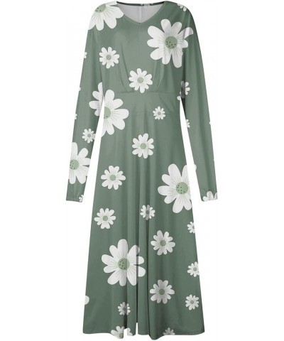 Women's 2024 Fall Midi Dress Casual Long Sleeve V Neck Floral Printed A Line High Waist Dresses for Women 02-mint Green $10.6...