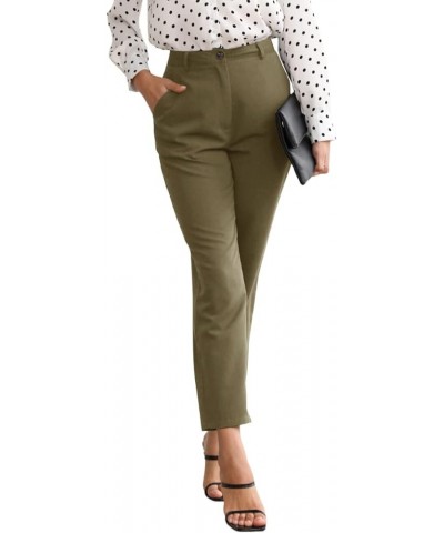 Women's Cropped Work Pants High Waist Straight Leg Trousers Slacks with Pockets Dark Green $10.25 Pants