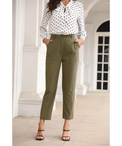 Women's Cropped Work Pants High Waist Straight Leg Trousers Slacks with Pockets Dark Green $10.25 Pants