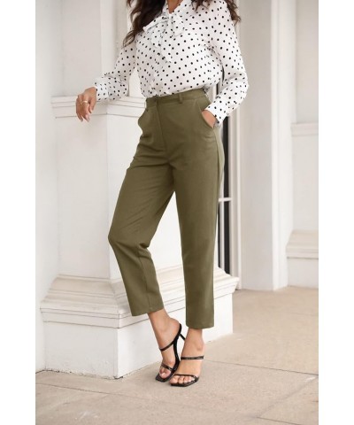 Women's Cropped Work Pants High Waist Straight Leg Trousers Slacks with Pockets Dark Green $10.25 Pants