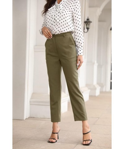 Women's Cropped Work Pants High Waist Straight Leg Trousers Slacks with Pockets Dark Green $10.25 Pants