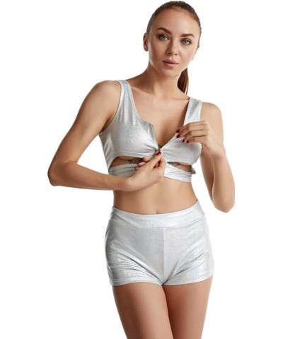 Women's Workout Sets Holographic Metallic Self Tie Crop Top 2 Piece High Waist Gym Outfit Yoga Shorts Sets Silver-tank $10.52...