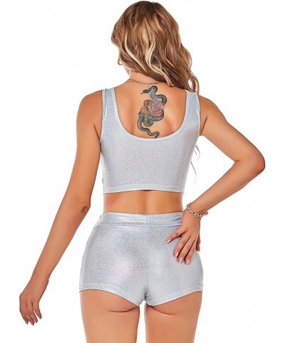 Women's Workout Sets Holographic Metallic Self Tie Crop Top 2 Piece High Waist Gym Outfit Yoga Shorts Sets Silver-tank $10.52...