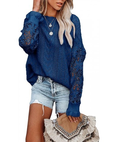 Long Sleeve Hollow Out Sweater Casual Cute Crochet Lace Pointelle Knit Pullover Crew Neck Loose Blouses for Women Lace Dark B...