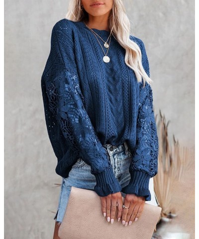 Long Sleeve Hollow Out Sweater Casual Cute Crochet Lace Pointelle Knit Pullover Crew Neck Loose Blouses for Women Lace Dark B...