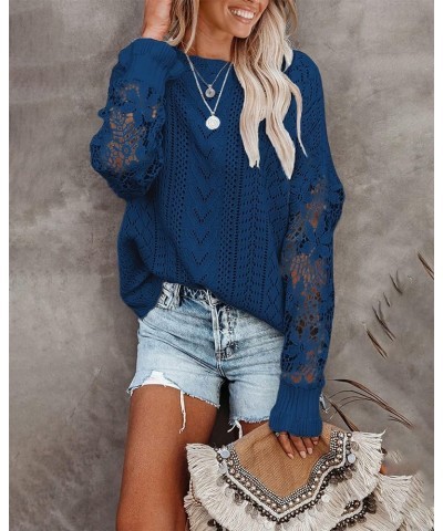 Long Sleeve Hollow Out Sweater Casual Cute Crochet Lace Pointelle Knit Pullover Crew Neck Loose Blouses for Women Lace Dark B...