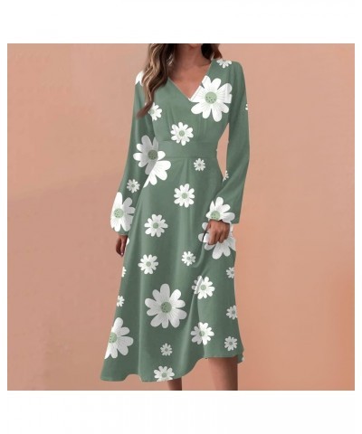 Women's 2024 Fall Midi Dress Casual Long Sleeve V Neck Floral Printed A Line High Waist Dresses for Women 02-mint Green $10.6...