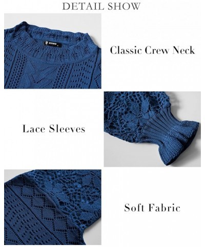 Long Sleeve Hollow Out Sweater Casual Cute Crochet Lace Pointelle Knit Pullover Crew Neck Loose Blouses for Women Lace Dark B...