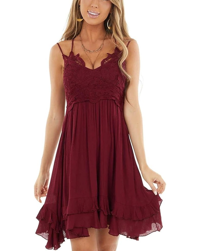 Summer Dresses for Women 2023 Sexy Lace V Neck Spaghetti Strap Sun Dress Ruffle Short Boho Dress 04 Wine Red $18.47 Dresses