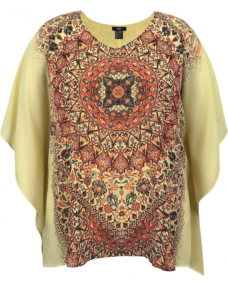 Women and Plus Size Double-Layered Print Chiffon Poncho Blouse Top (Small-5X) Square Rust Yellow $8.43 Tops