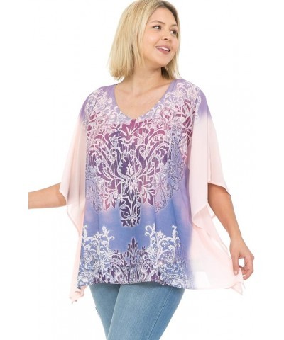 Women and Plus Size Double-Layered Print Chiffon Poncho Blouse Top (Small-5X) Square Rust Yellow $8.43 Tops