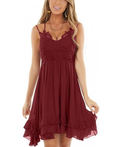 Summer Dresses for Women 2023 Sexy Lace V Neck Spaghetti Strap Sun Dress Ruffle Short Boho Dress 04 Wine Red $18.47 Dresses