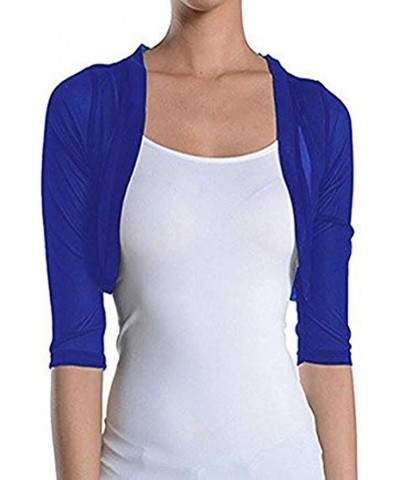 Women's Sheer Chiffon Bolero Shrug Jacket Cardigan 3/4 Sleeve Dark Royal Blue $12.32 Sweaters