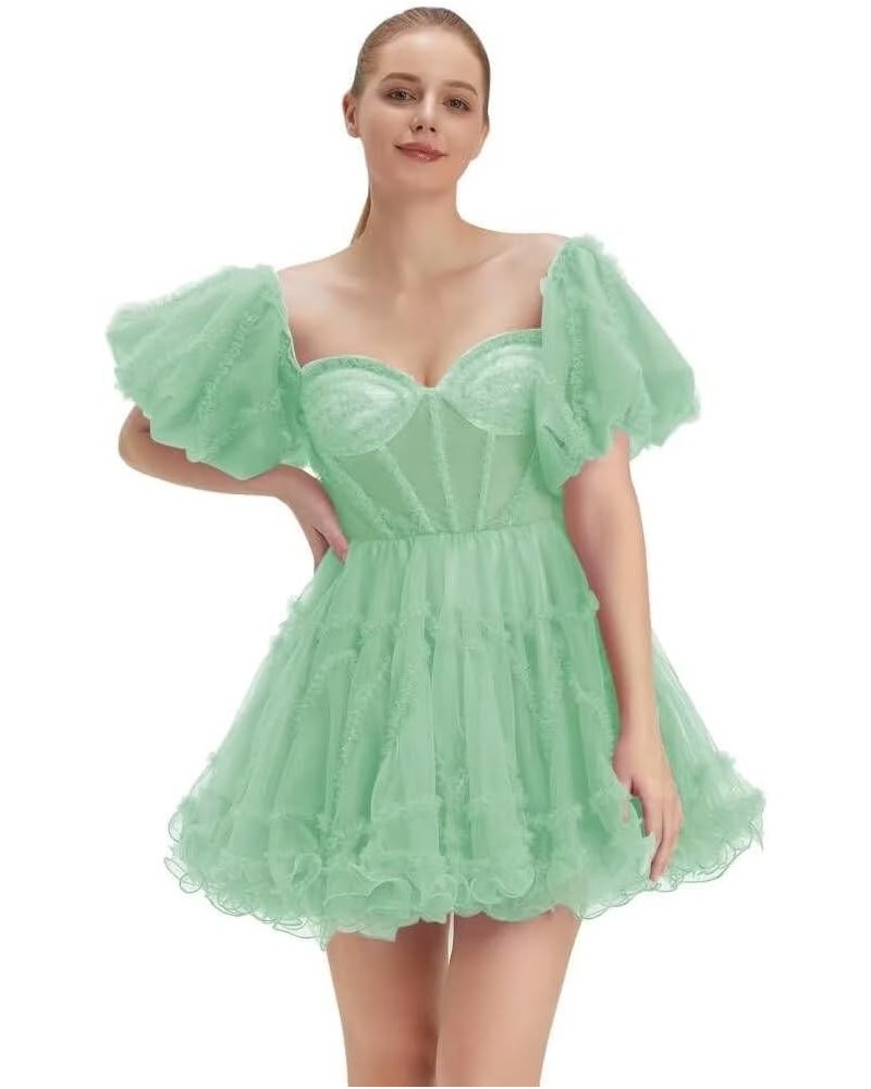 Tiered Tulle Homecoming Dresses Off Shoulder Short Prom Dresses Short Sleeve Formal Party Gowns Mint $29.40 Dresses