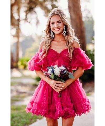 Tiered Tulle Homecoming Dresses Off Shoulder Short Prom Dresses Short Sleeve Formal Party Gowns Mint $29.40 Dresses