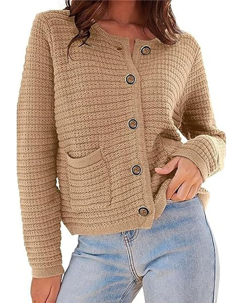 Women 2023 Chunky Knit Cardigan Sweaters 90s Elegant Open Front Button Down Long Sleeve Sweater Coat with Pockets Khaki $14.7...