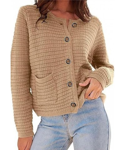 Women 2023 Chunky Knit Cardigan Sweaters 90s Elegant Open Front Button Down Long Sleeve Sweater Coat with Pockets Khaki $14.7...