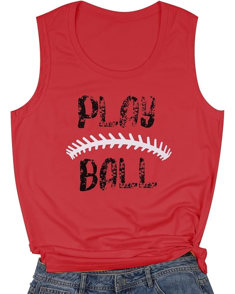 Play Baseball Tank Tops for Women Letter Printed Baseball Graphic Casual Tank Top Red $13.56 Tanks