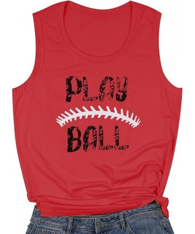 Play Baseball Tank Tops for Women Letter Printed Baseball Graphic Casual Tank Top Red $13.56 Tanks