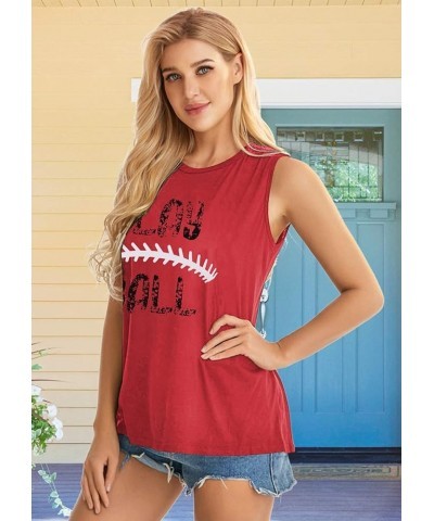 Play Baseball Tank Tops for Women Letter Printed Baseball Graphic Casual Tank Top Red $13.56 Tanks