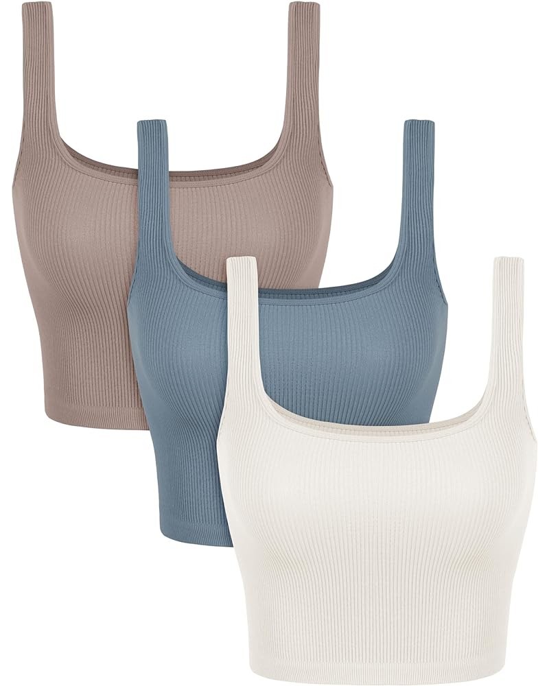 3-Pack Seamless Square Neck Crop Tank for Women Ribbed Knit Soft Low Back Cropped Tops Ivory+dusty Blue+sphinx (Long Crop) $1...