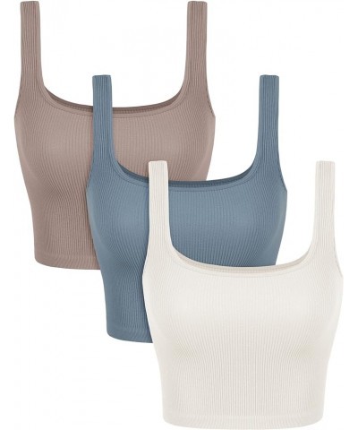 3-Pack Seamless Square Neck Crop Tank for Women Ribbed Knit Soft Low Back Cropped Tops Ivory+dusty Blue+sphinx (Long Crop) $1...