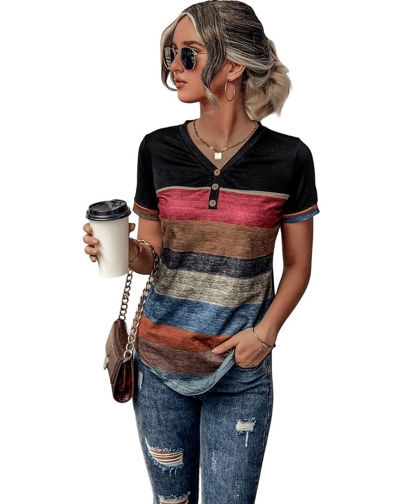 Women's Button Striped Block Color V Neck Short Sleeve T Shirt Casual Tee A Black Multi $15.89 T-Shirts